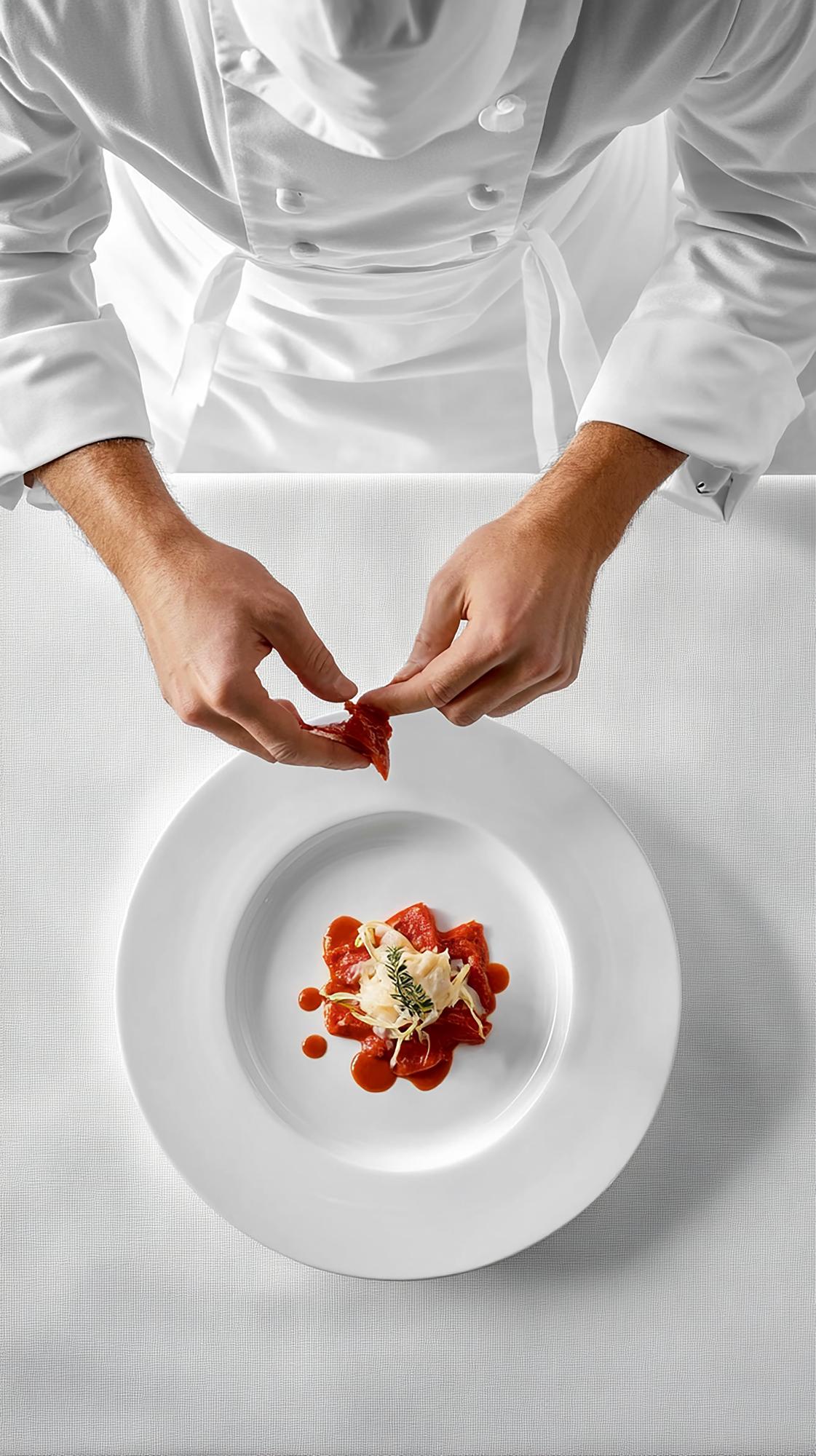 Chef plating luxury dish in studio kitchen